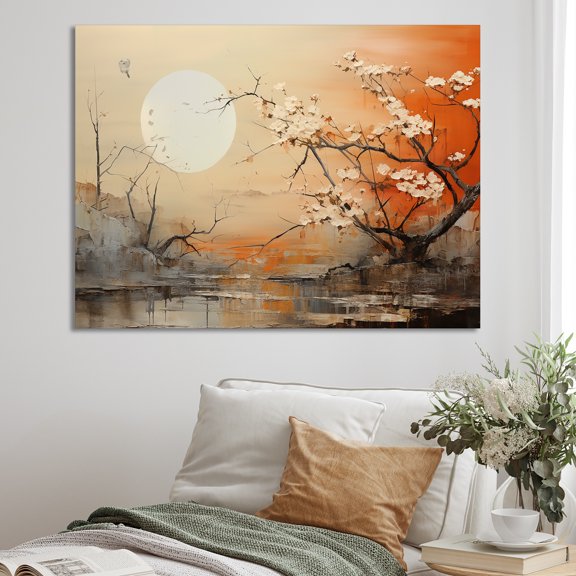Designart "Tangerine Twilight Landscape With The Moon" Moon Canvas Prints