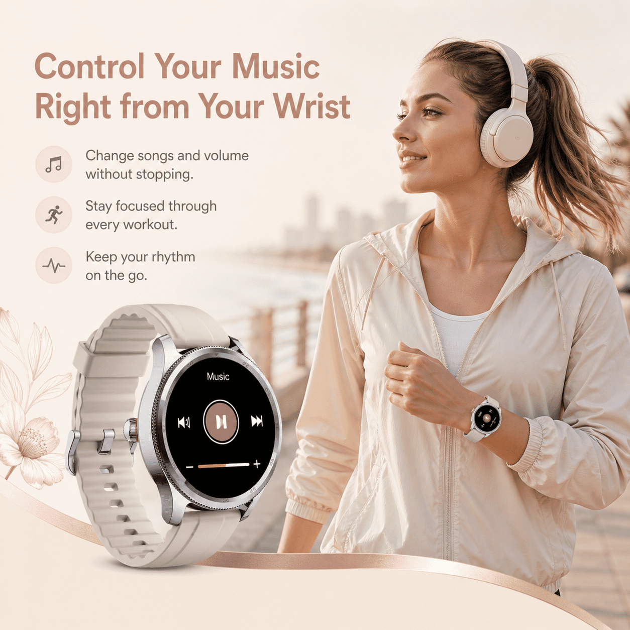 MiracoRun Women’s Smart Watch for iPhone & Android, 1.39" Round Touchscreen, Bluetooth Calling & Texts, Women’s Health Tracking- Cream