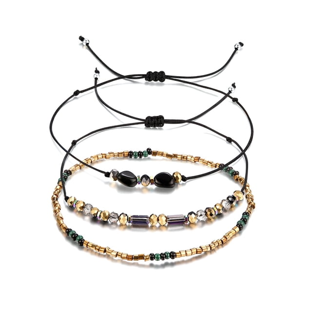 Conjunto de pulsera de cuentas tejidas para mujer de múltiples capas ajustable de 3 piezas