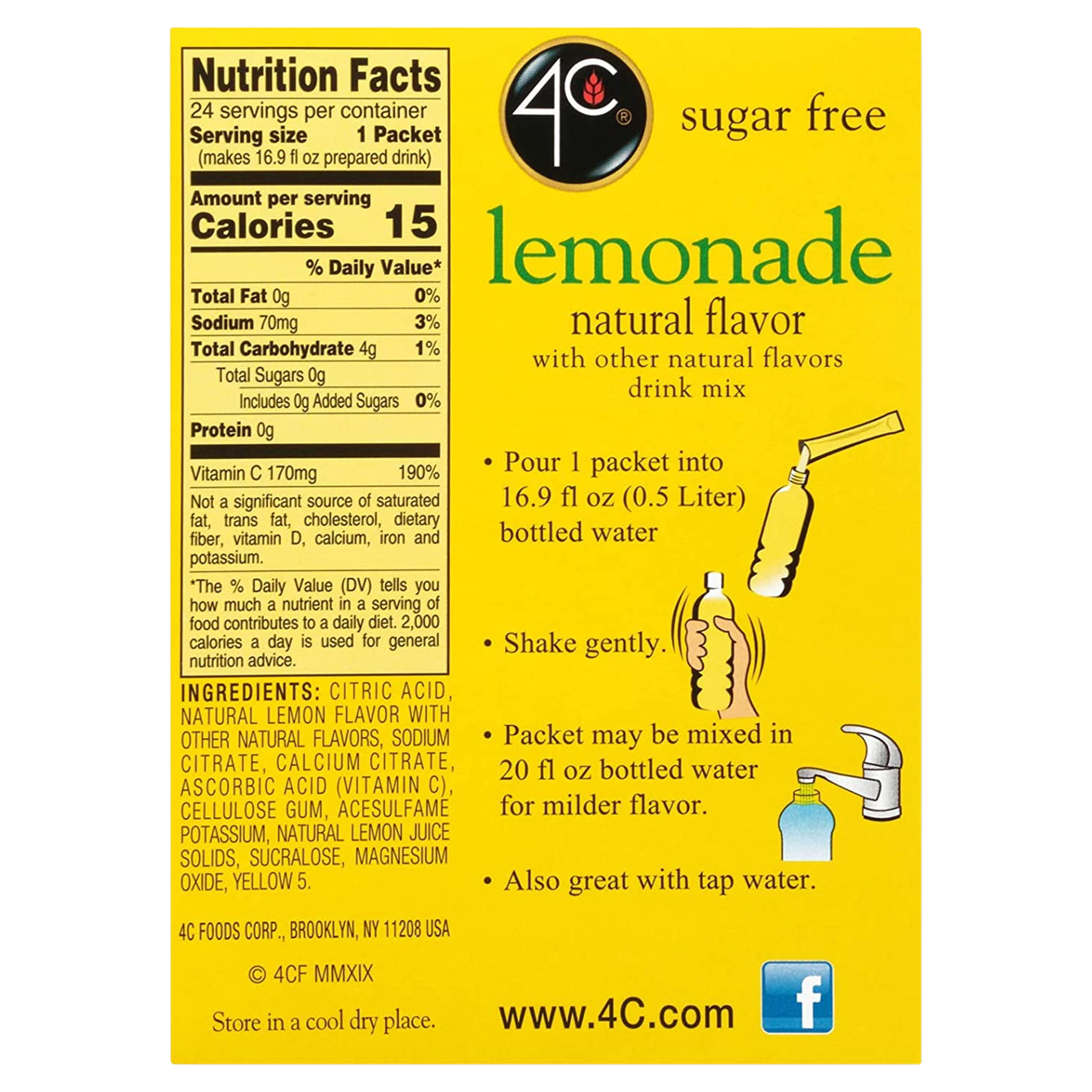 4C Sugar Free Drink Mix Sticks Flavor: Lemonade (24 stick box), Size: 3-Pack