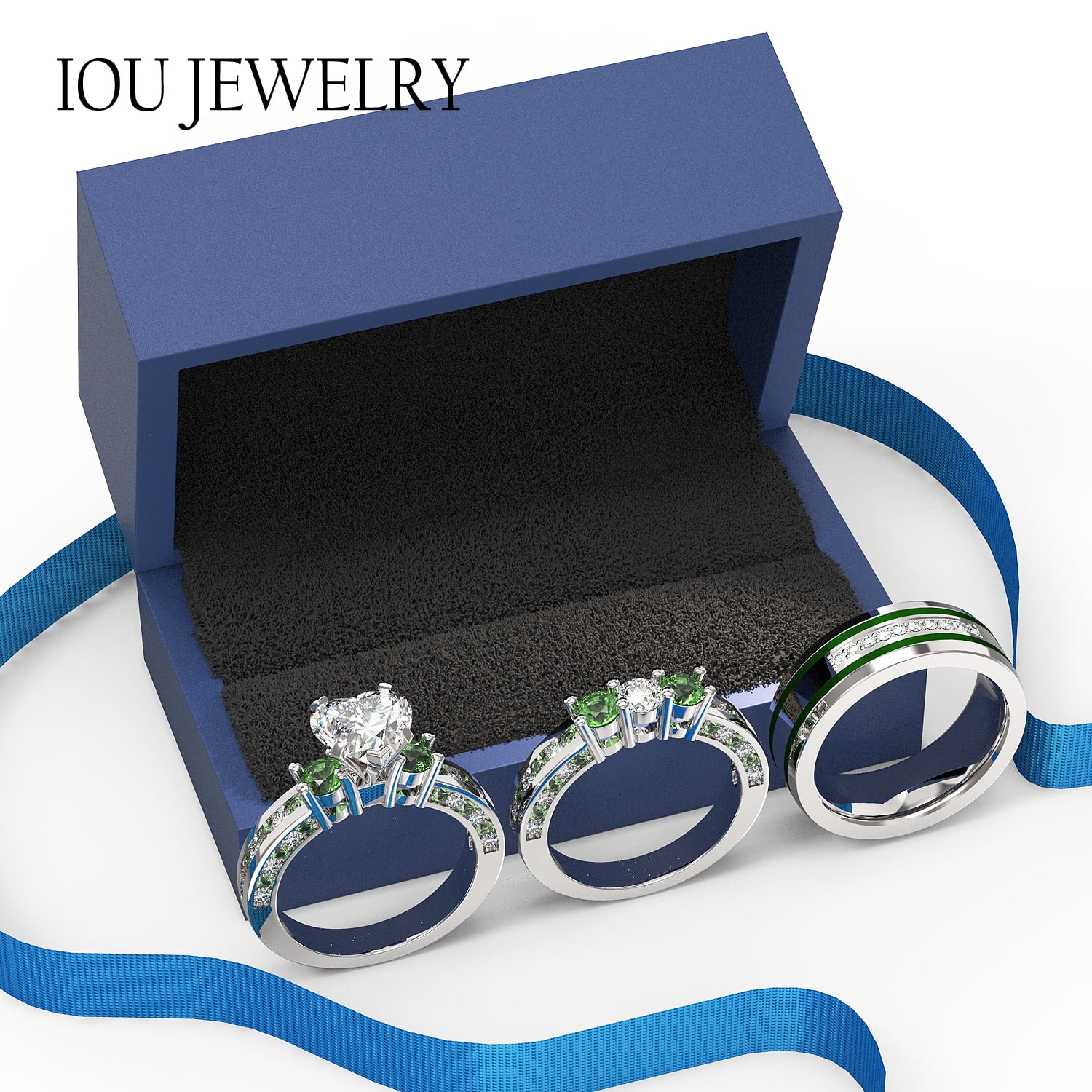 3pc Couples Wedding Ring Sets His And Hers Women Sterling Silver Blue Moissanite and men Wedding Bands Together With Ring Gift Jewelry Box