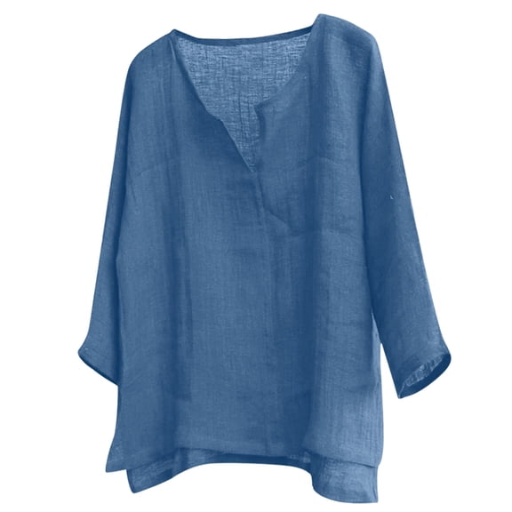 Men Linen Shirts Summer 3/4 Sleeve Tops Plus Size V Neck Gauze Blouses Dressy Casual Loose Clothes,Blue,4XL