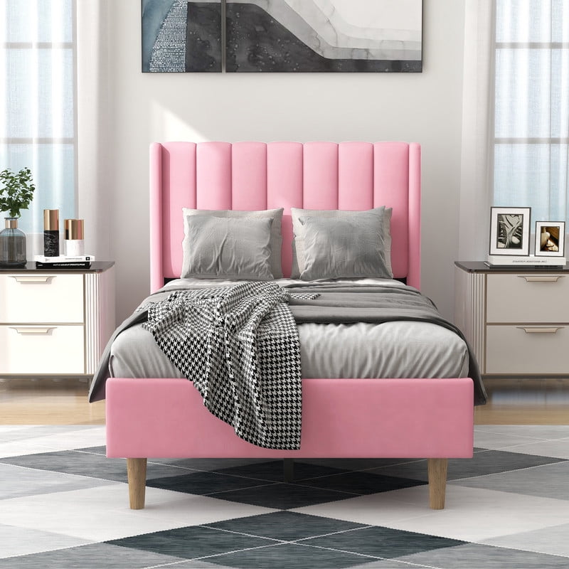 alazyhome Twin Size Upholstered Platform Bed Frame, Easy Assemble, Pink