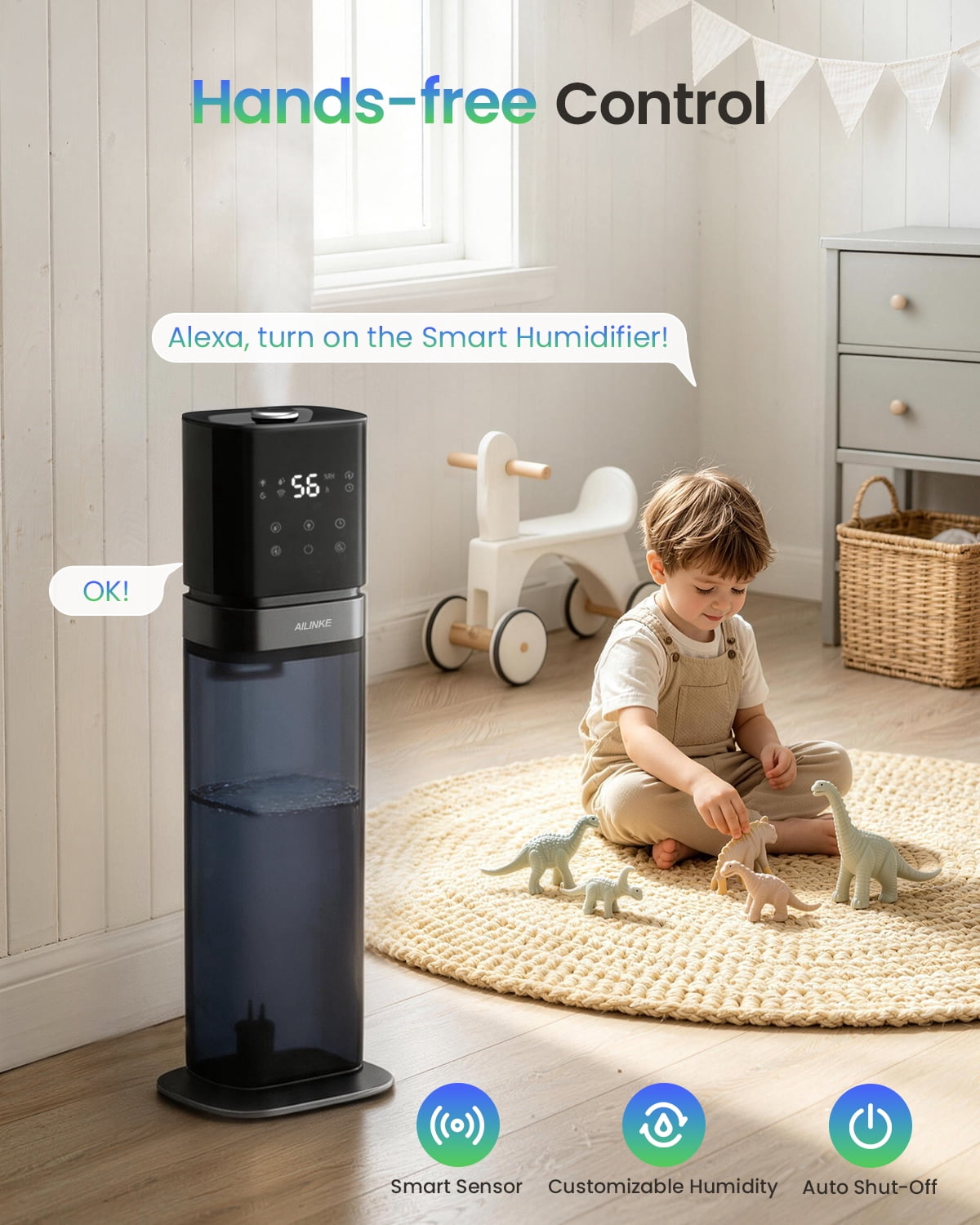 Smart Humidifier Large Room, 2.1Gal/8L Humidifiers for Bedroom with Extended Tube&Night Light, Whole House Cool Mist, Dark Blue