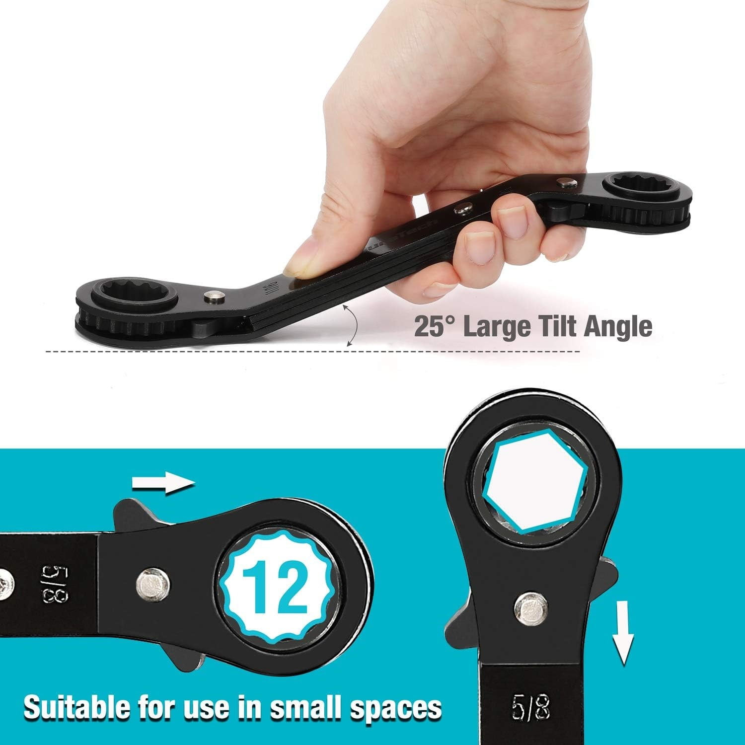 10-Piece Reversible Ratcheting Wrench Set, Offset Double Box End Wrench Set, SAE & Metric, with Rolling Pouch