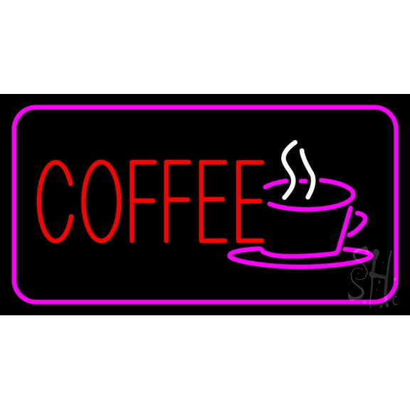 Red Coffee Logo with Pink Border LED Neon Sign 20 x 37 - inches, Black Square Cut Acrylic Backing, with Dimmer - Bright and Premium built indoor LED Neon Sign for café and stroefront.