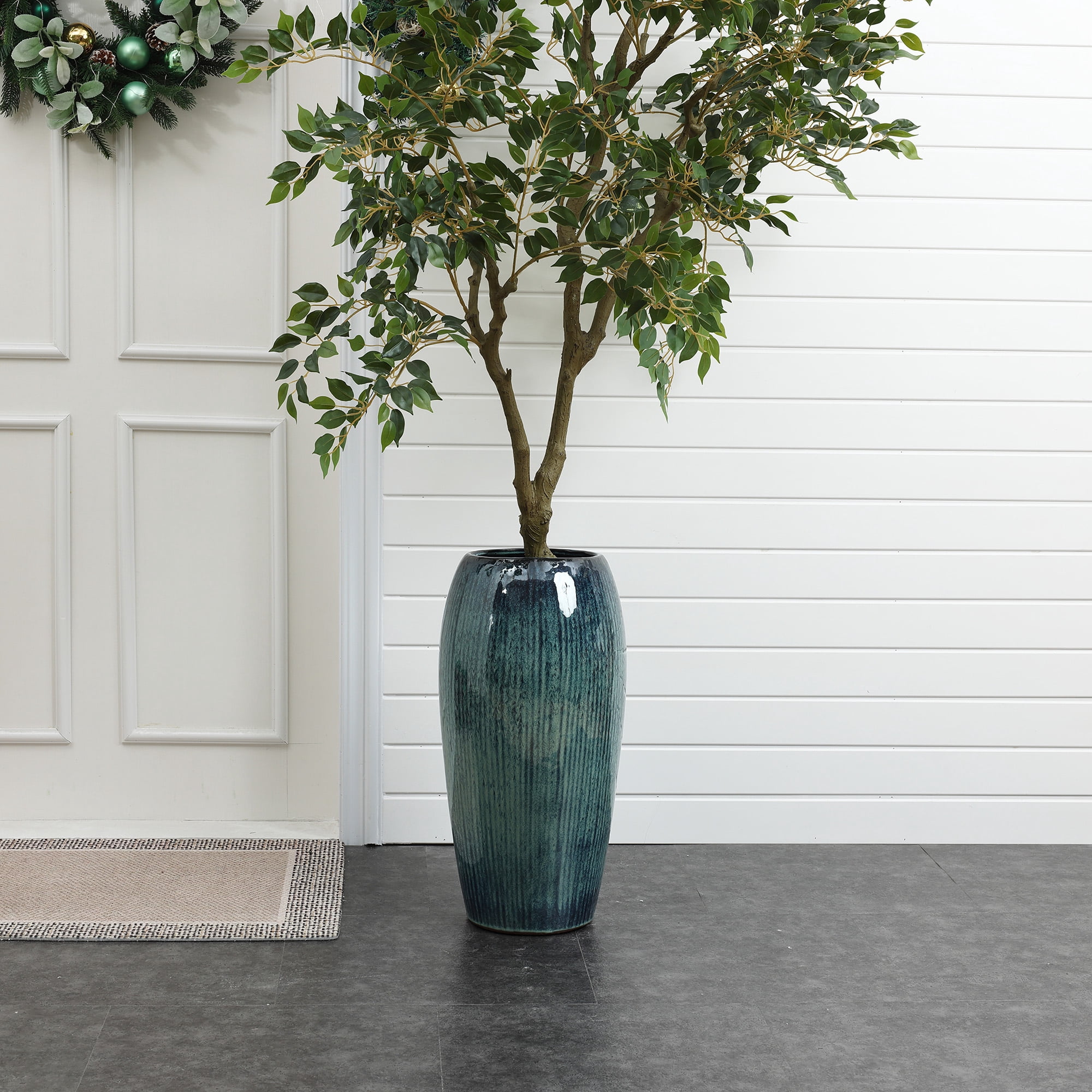 LuxenHome 23" Tall Ceramic Planter, Large Plant Pots with Drainage Hole, Blue