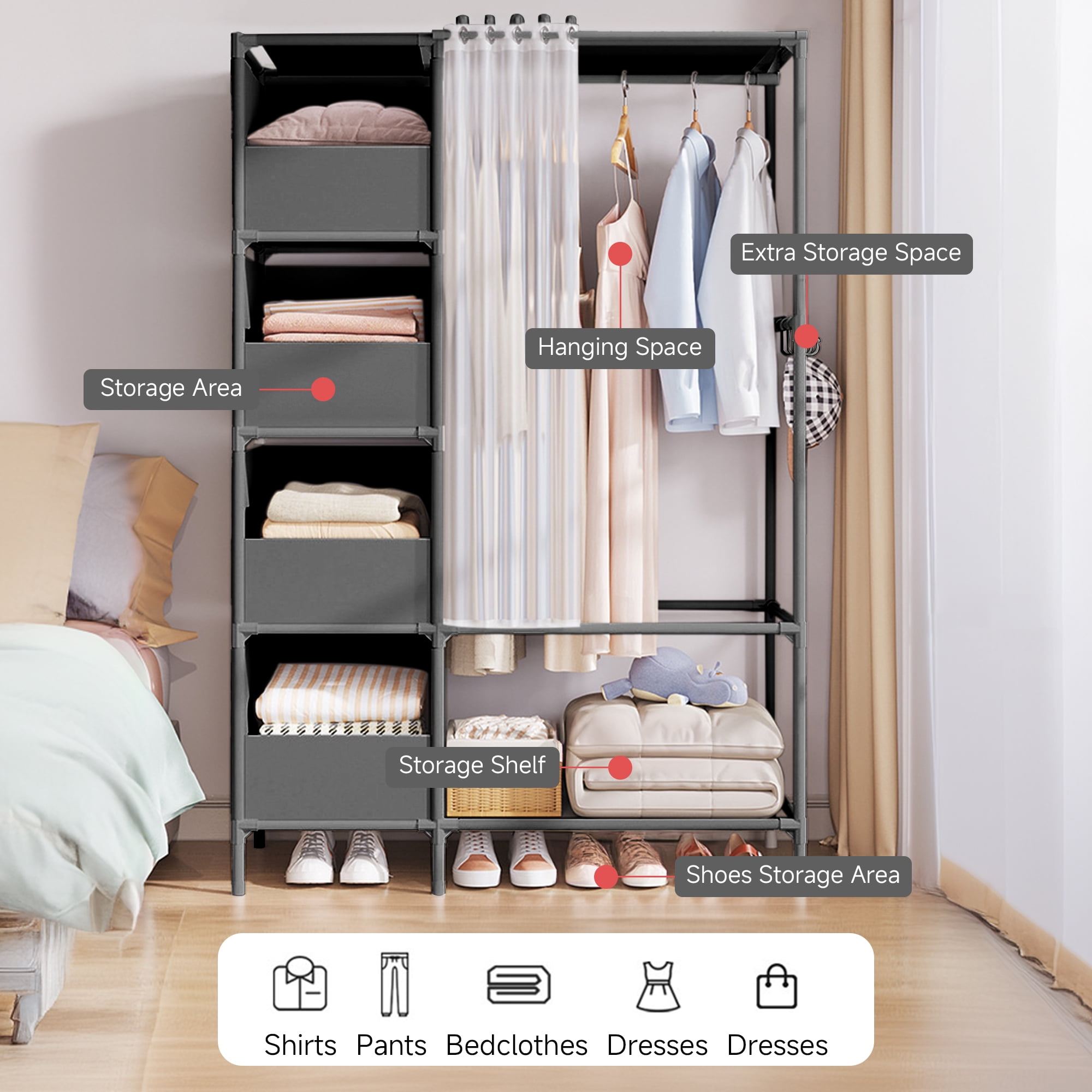 Portable Closet, Brochao Portable Wardrobe with 4 Storage Closet, Clothes Storage Cabinet with Curtain, for Living Room, Bedroom, Clothes Room, Black