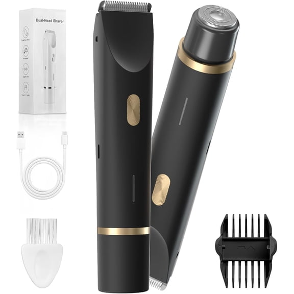 Body Trimmer for Men, Groin & Pubic Hair Trimmer, Dual-Head Electric Body Groomer for Chest, Legs, Underarms & Below-the-Waist Care, USB-C Rechargeable, Rinse-Clean, Gift for Him(Black Gold)