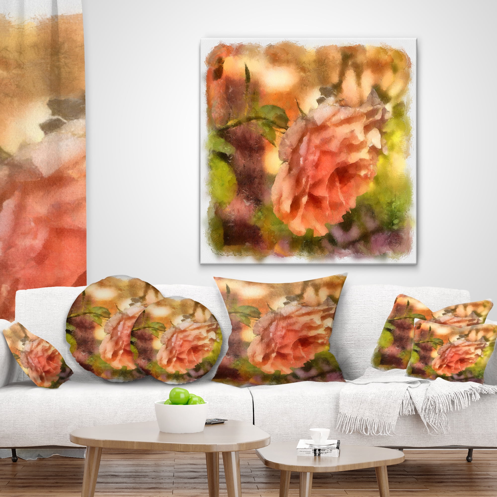 Designart Full Bloom Orange Rose Watercolor - Floral Throw Pillow - 12x20