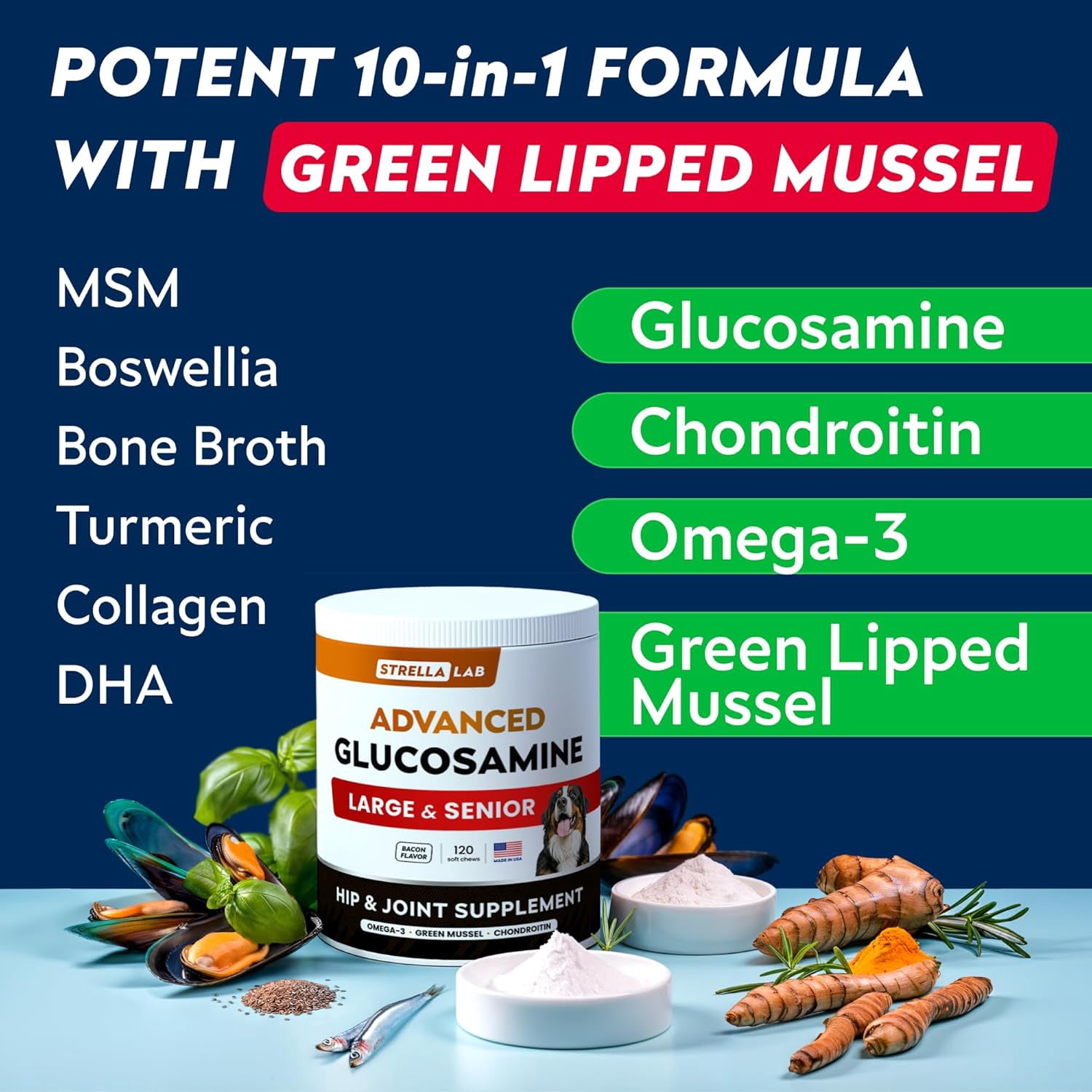 Advanced Glucosamine Chondroitin Joint Supplement for Dogs - Hip & Joint Pain Relief Pills - Green Lipped Mussel & Collagen - Large & Small Breed - Senior Dogs Joint Health - Bacon Flavor - 120Ct