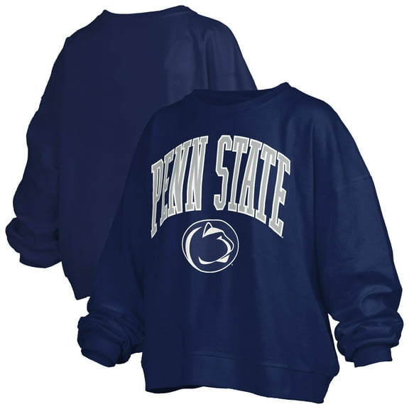 Women's Pressbox Navy Penn State Nittany Lions Janise Arch Over Logo Waist Length Oversized Pullover Sweatshirt