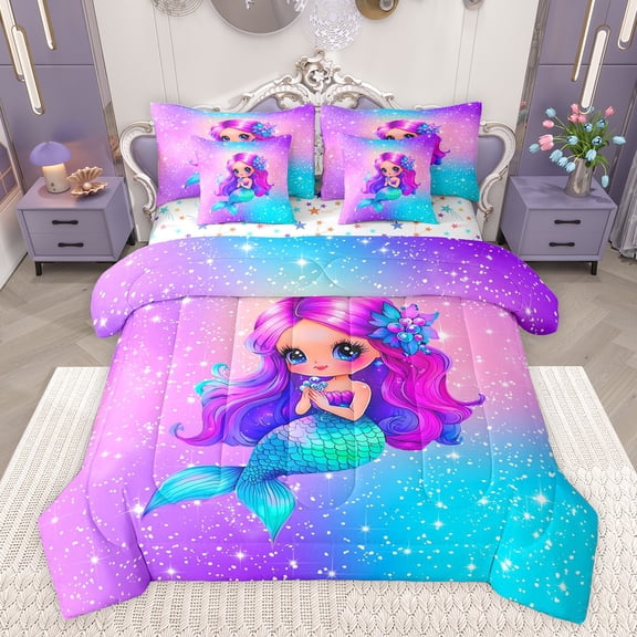 jejeloiu Cartoon Mermaid 7-Piece Twin Bedding Sets,Magic Ocean Animal Bedding Comforter Set,Galaxy Starry Night Sheet Sets For Girls Kids,Super Cozy Room Decor Reversible