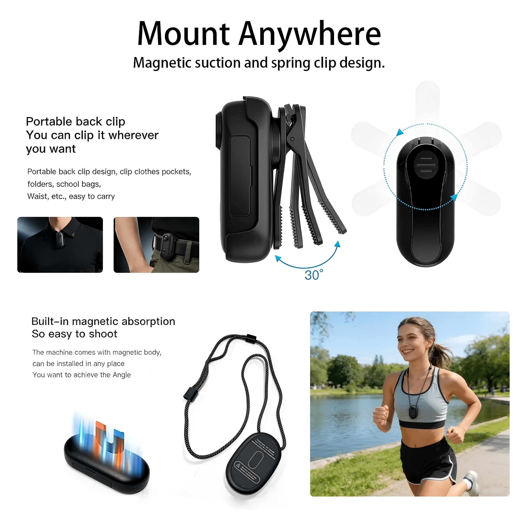 4K Thumb Action Camera, Tiny Size, Mount Anywhere, Small Body Camera with Spring Clip, Portable Vlogging, Hands-Free POV Recording, Helmet Cam for Cycling, Motorcycle (with 64G Card, Black)