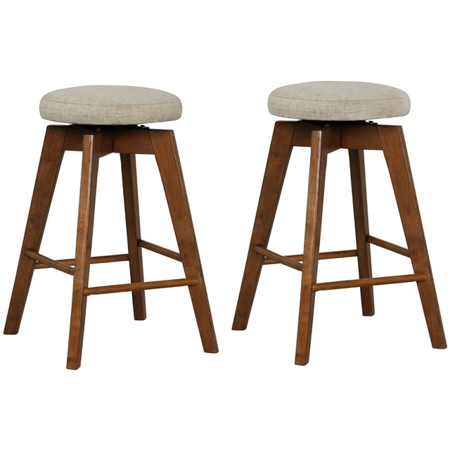 Costway Set of 2 Swivel Bar Stools Upholstered Counter Height Chairs with Rubber Wood Legs. These backless stools feature beige linen fabric padded seats with 360-degree swivel functionality. The sturdy brown rubber wood legs include footrests and anti-slip pads for stability. Ideal for counters 35-39 inches high, suitable for kitchens, dining rooms, or home bars.