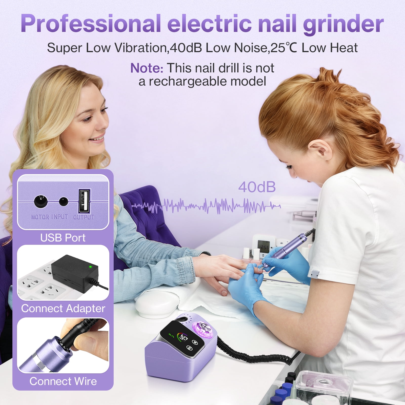 Electric Nail Drill Professional 40000RPM, Smart Touch Display Electric Nail File, Nail Drill Kit for Remover Acrylic & Gel Nails Manicure for Salon Home,Purple