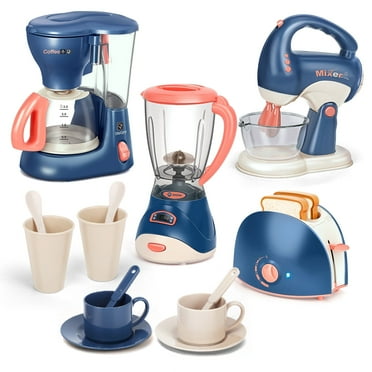 Realistic Kitchen Appliances Play Set - Coffee Maker, Blender, Mixer & Toaster with Lights & Sounds, Ages 4-8(Blue）