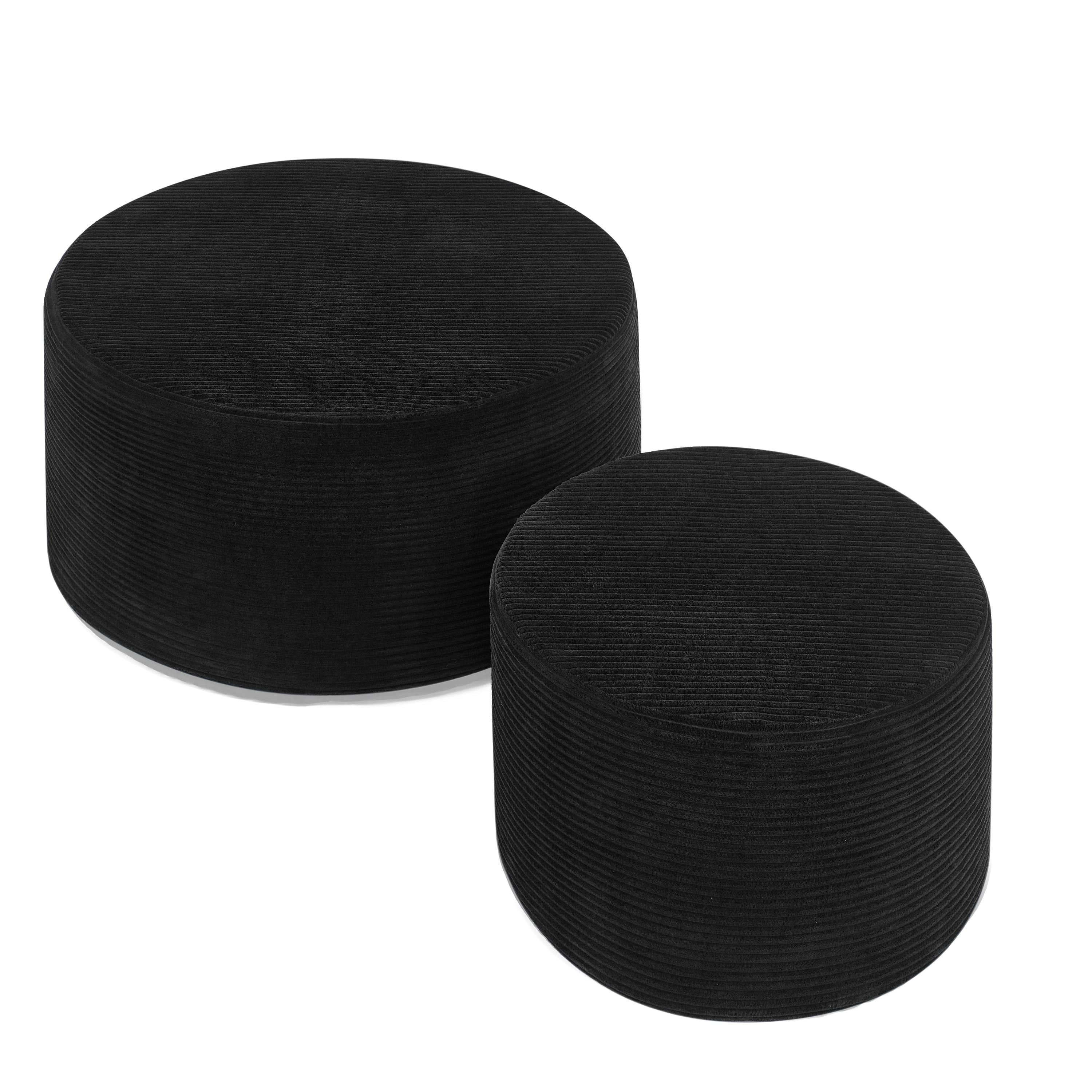 Aukfa 2-Piece Round Ottoman Set, Upholstered Coffee Table & Nesting Footrest Stools for Living Room, Bedroom, Black