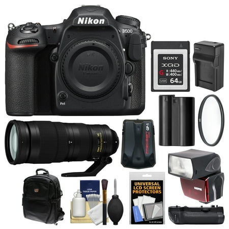 Nikon D500 Wi-Fi 4K Digital SLR Camera Body with 200-500mm f/5.6E VR Lens + 64GB XQD Card + Case + Flash + Battery/Charger + Grip