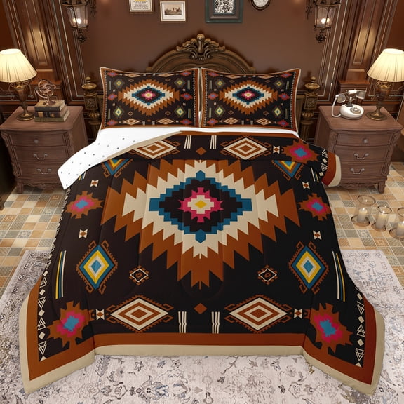 Feelyou Vintage Bohemian Aztec Bedding Comforter Set, Black Brown Tribal Square Twin Comforter Sets, Hippie Mandala Fashion Reversible Bedding Set, Breathable Home Decor, 2-Piece
