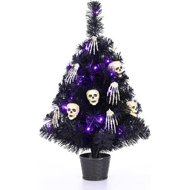 Bibana 21.6 Inch 30 LED Mini Halloween Black Tree Artificial Spooky Tree Glittered with Purple Lights & Skull Head, Skeleton Hands Decoration for Halloween Indoor Tabletop Decoration