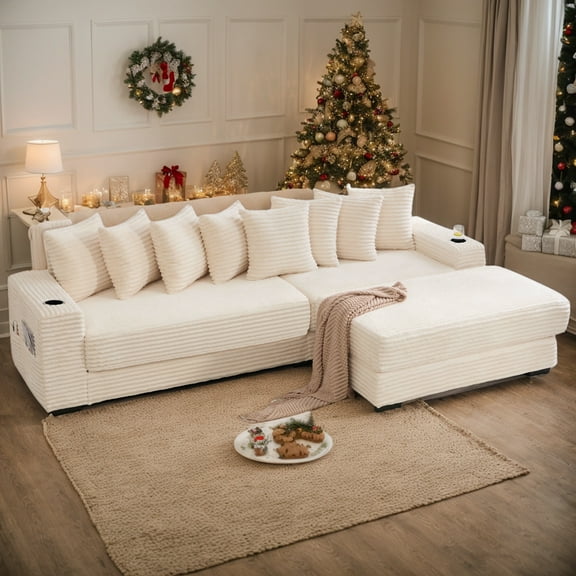 110.75" Oversized Sofa Bed with L Shaped Chaise, footstool included, Corduroy Convertible Cloud Couch Sectional with 8 throw pillows, 2 Cup Holders, Modular Sectional Sofa for Living Room