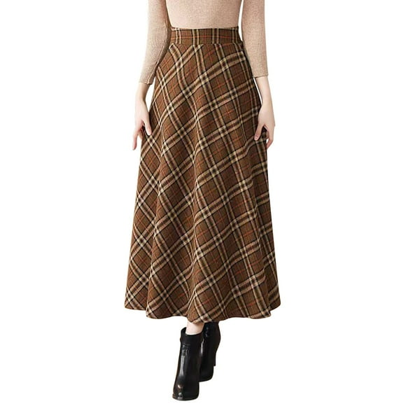 VUPSGEZ Jupe Longue Rétro Décontractée pour Femmes, Taille Haute à Carreaux Classiques avec Poches et Fermeture Éclair (Orange, S)