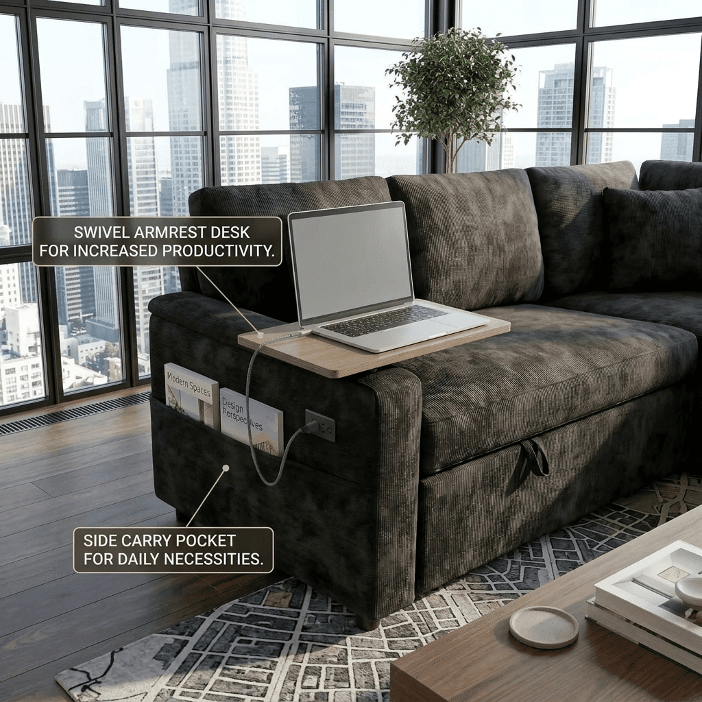 EPOWP 81" Modular Sectional Sleeper Sofa, L Shaped 5-Seater Couch with Pull Out Bed, Large Storage Chaise, USB Charging Ports & Cup Holders, Chenille Sofa Bed for Living Room, Black