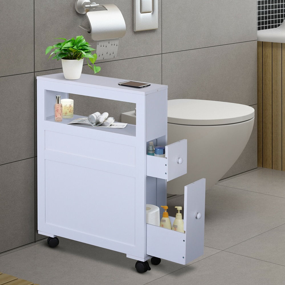 Wooden Rolling Narrow Bathroom Storage Side w/ SlideOut