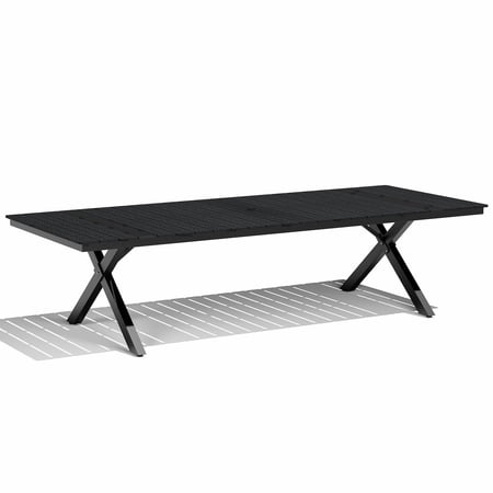 Crestlive Products 118" Outdoor Dining Table for 8-12, Aluminum Sturdy Frame with Umbrella Hole, Black Wood-Grain Top