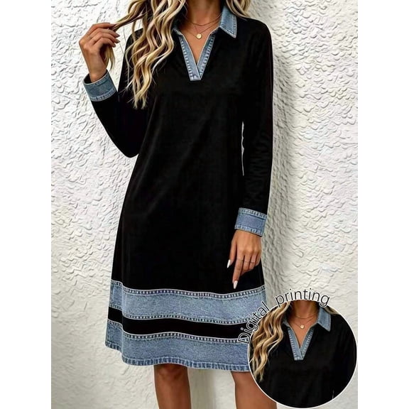 Women's Denim Print Shirt Dress, Collared Long Sleeve Midi Dress with Patchwork Detail