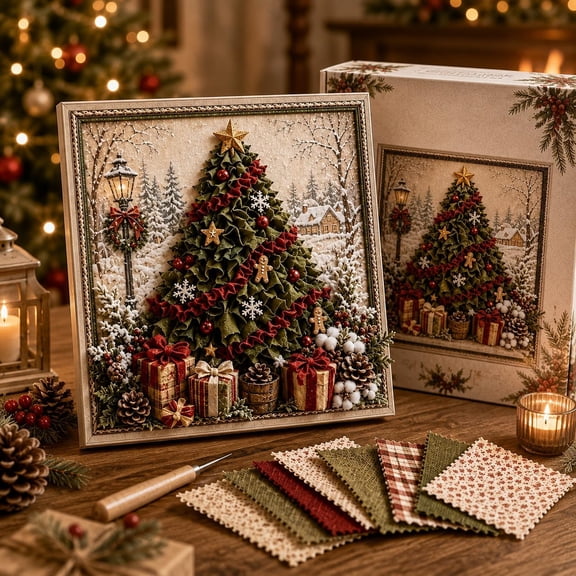 3D Christmas Fabric Poke Art Kit with frame,Handmade Fabric Poke Art Kit for Adults & Beginner, Vintage Holiday Handmade Decoration, Easy Relaxing DIY Craft