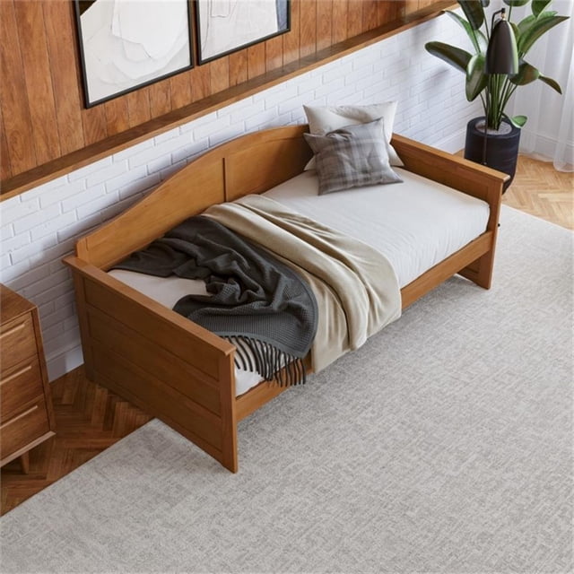 Pemberly Row Mid-Century Solid Wood Twin Daybed with Back Board in Light Toffee
