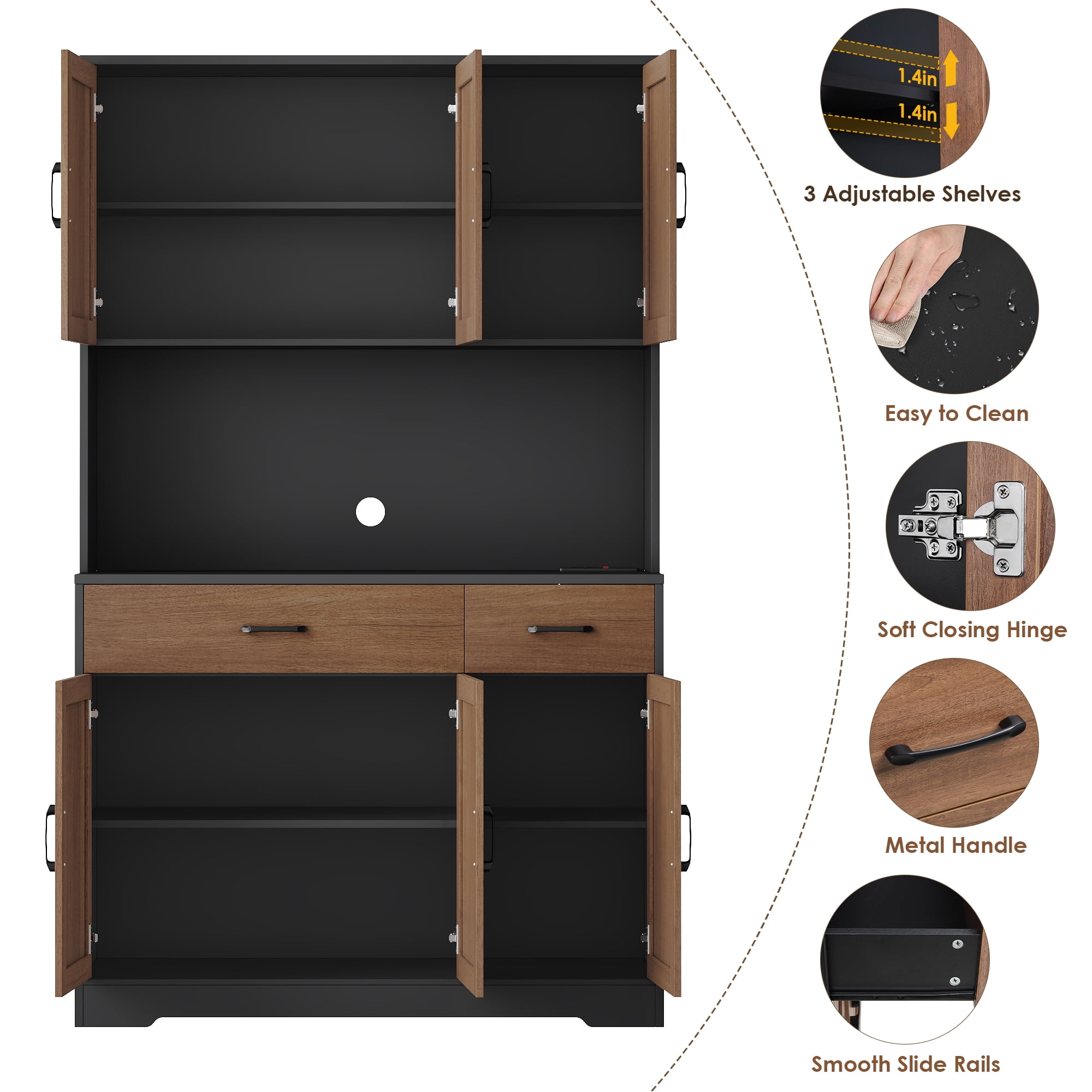 Homfa 71" Kitchen Pantry with Charging Station, Freestanding Cupboard with Adjustable Shelves, Floor Cabinet for Dining Room, Black&Brown