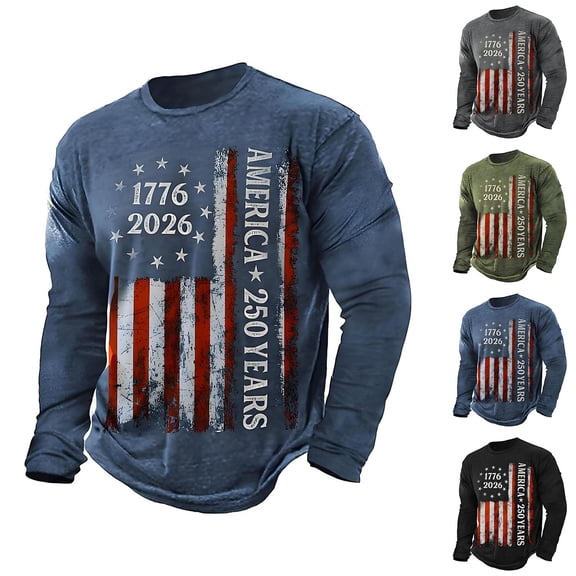 America 250 Shirt Casual Long Sleeve T Shirt Athletic Fit Crew Neck 250Th Mens Tees Army Green L