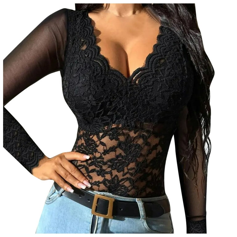 JDEFEG Lingerie for Women Unwrap Women Shirt Lace Shirt See Through Casual  Slim Fit Tops Mesh Lace Long Sleeve Top Temperament Trim Plunging Neck Lace