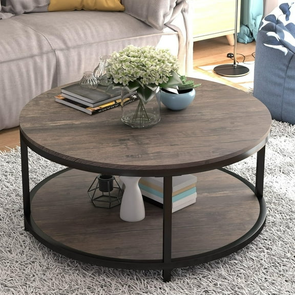 Round Coffee Table, 36 Inch Living Room Coffee Table, Double Layer Rustic Wood Tabletop