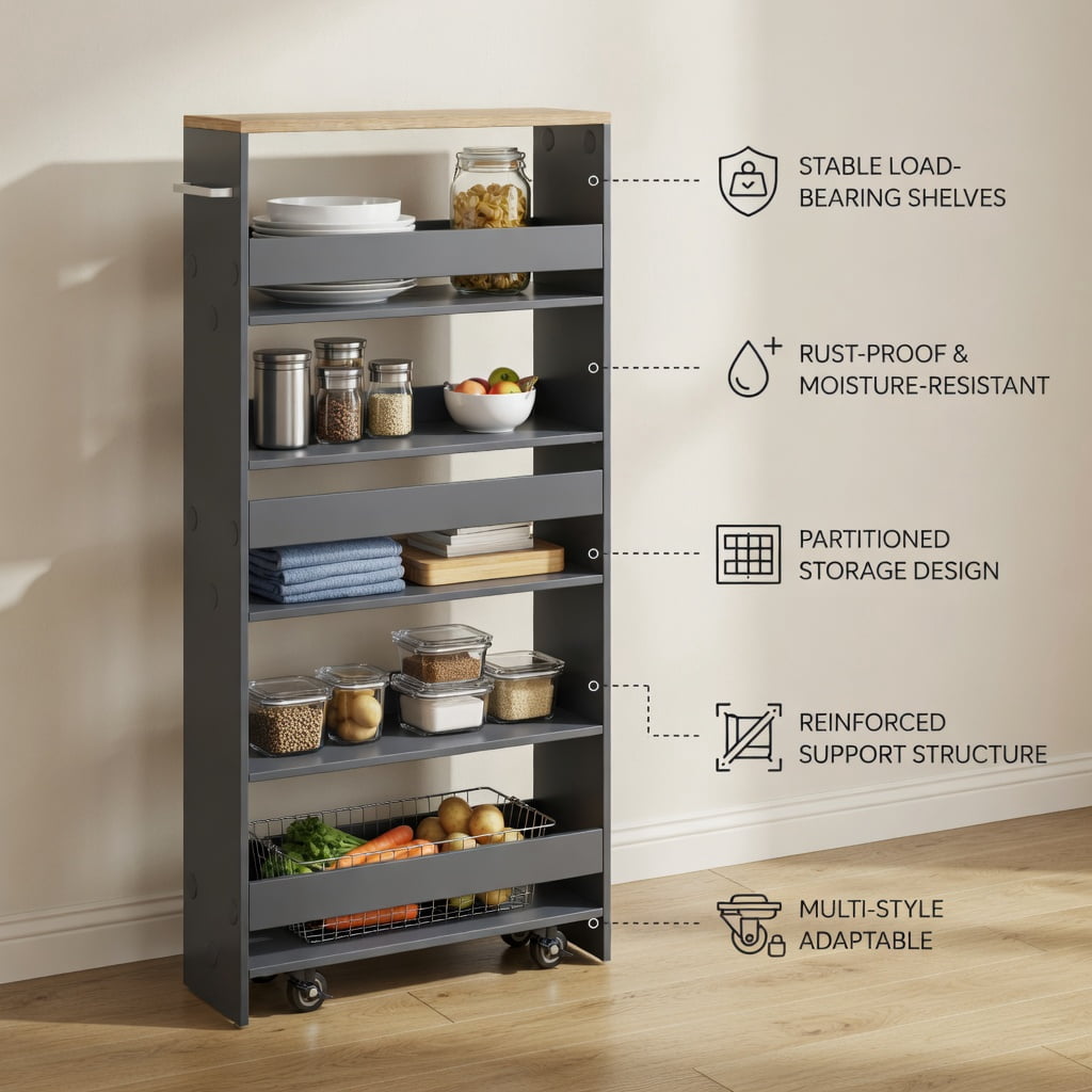 Demi Bonn Rolling Cart, Kitchen Island Cart, Rolling Kitchen Slim Storage Cart Mobile Shelving Organizer with Handle, for Kitchen, Dining Room, Gray
