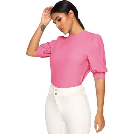 SheIn Women's Puff Sleeve Casual Solid Top Pullover Keyhole Back Blouse