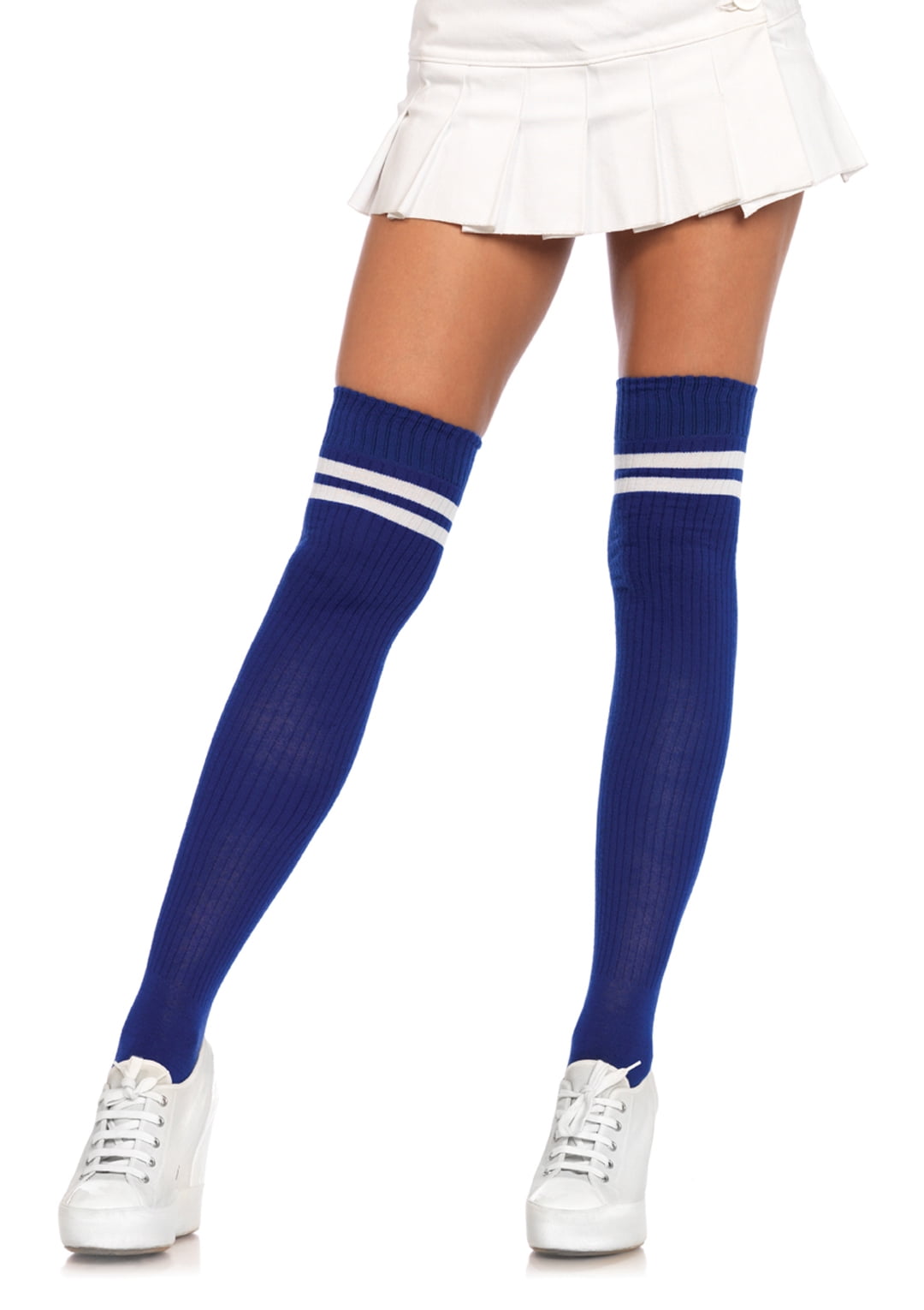Women's Ribbed Athletic Thigh High Socks, White/Redblue, O/S