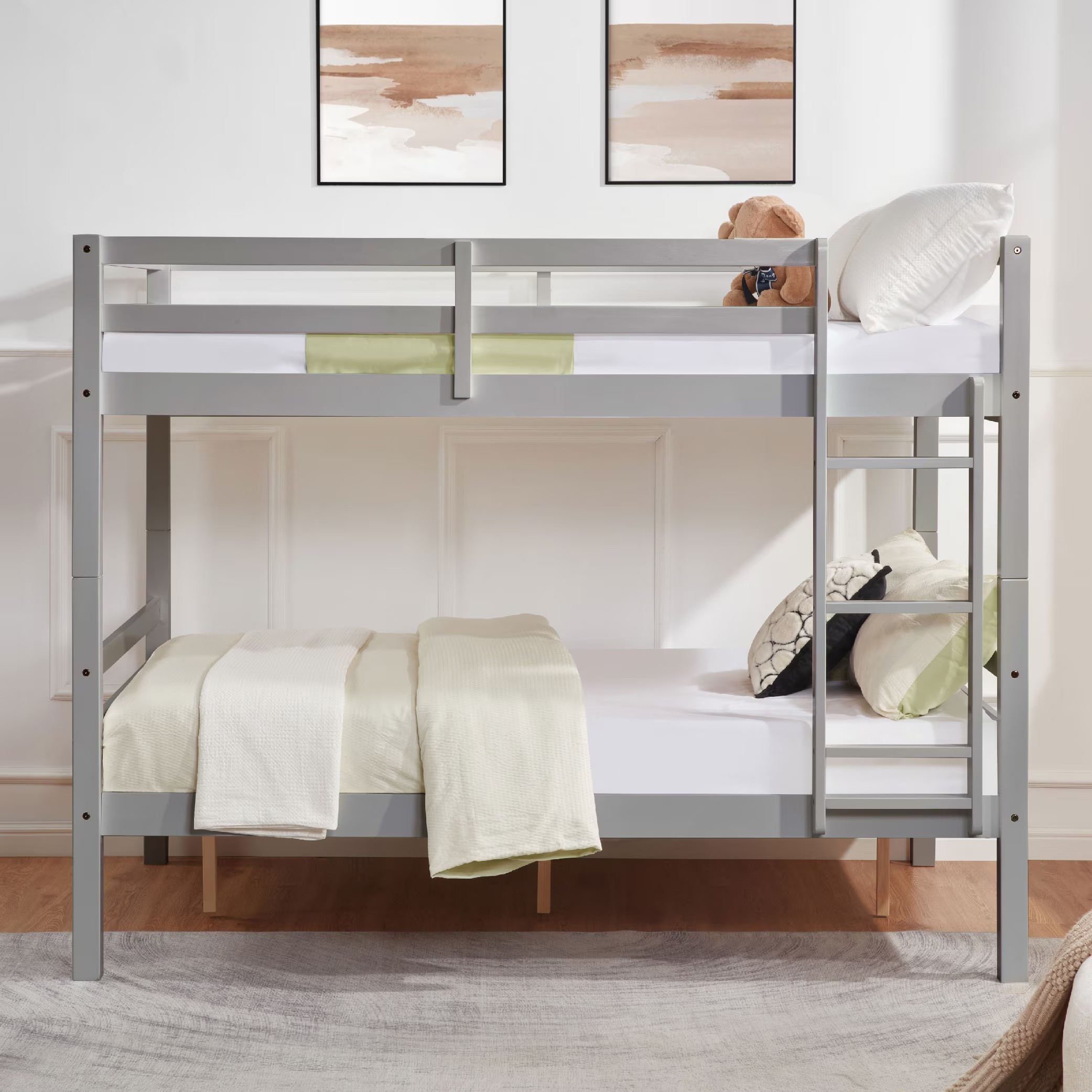 Full Over Full Bunk Bed, Solid Wood Bunk Bed Frame with High Guardrails, Ladder, Heavy Duty Wooden Slats, No Box Spring Needed for Kids, Teens, Guest Room, Grey