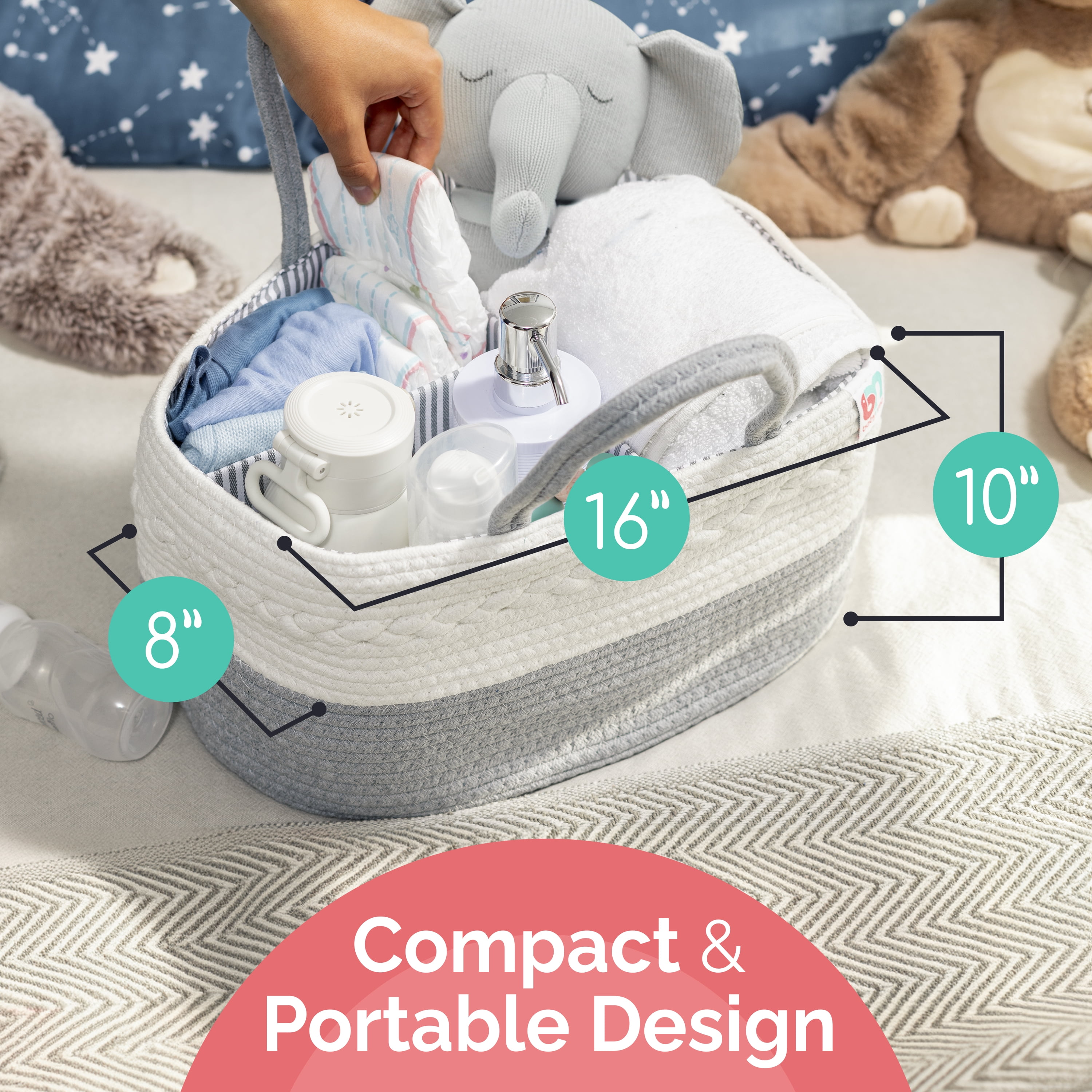 Babynma Rope Diaper Caddy - Extra Large Storage for Baby and Toddler Items - Convenient Organizer for Nursery, Bedroom, Living Room, Car - Baby Shower and Registry Gift - White and Grey