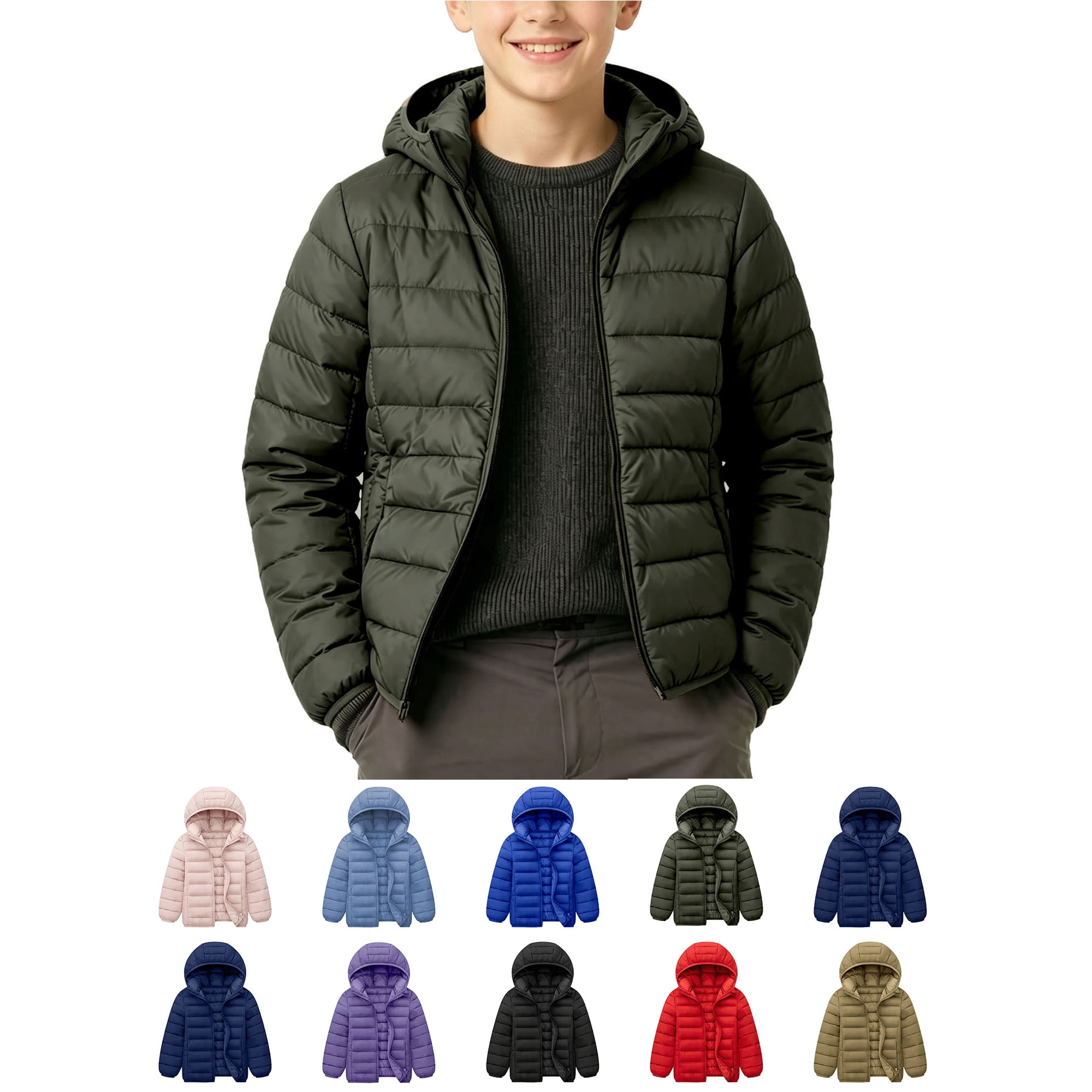 Zeophrasy Boys Hooded Puffer Jacket Quilted Lightweight Winter Coat Full Zip Warm Windproof Outerwear for Kids