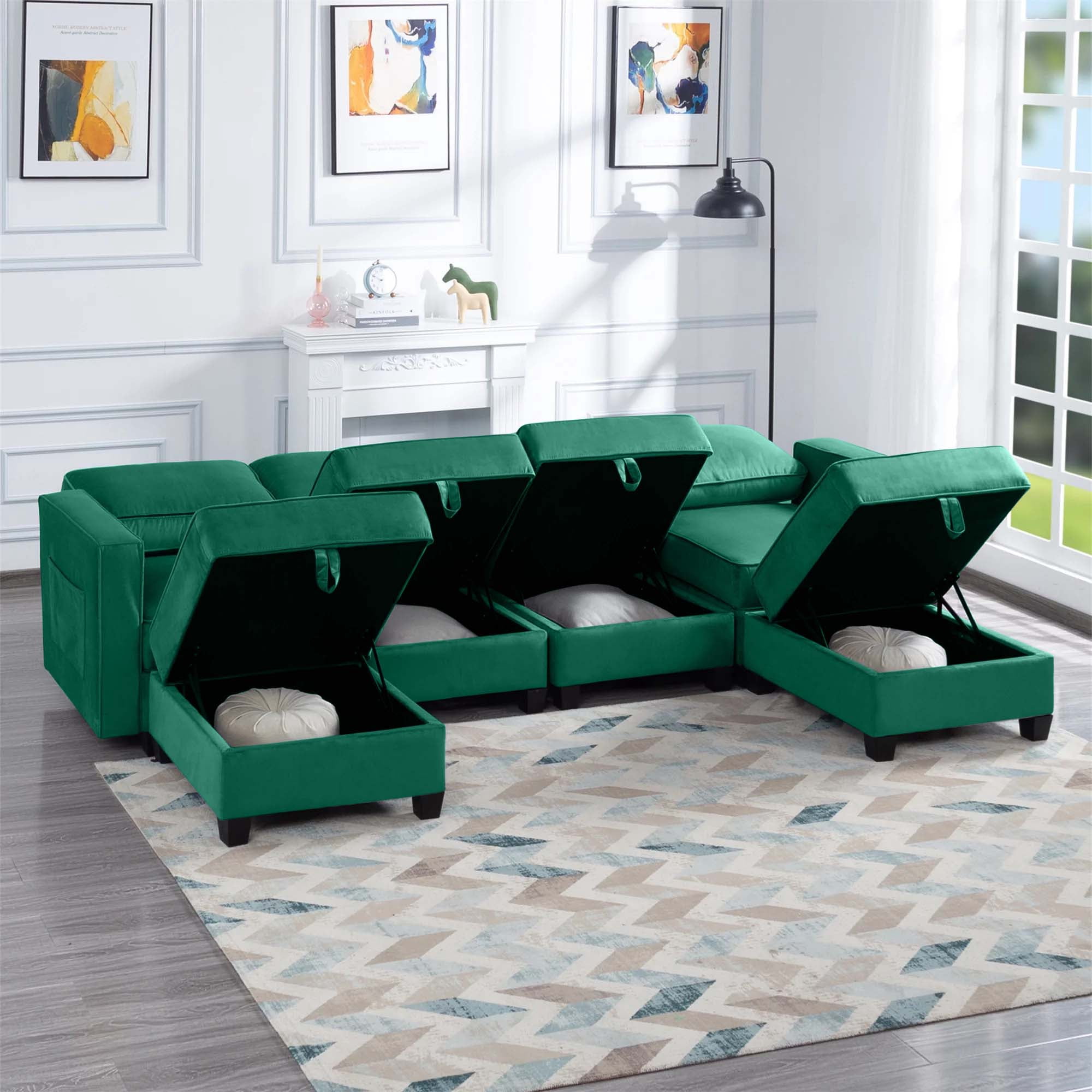 Aukfa 116" Velvet Storage Sectional Couch for Living Room, Modular Sleeper Sofa U-Shaped Sofa, Green