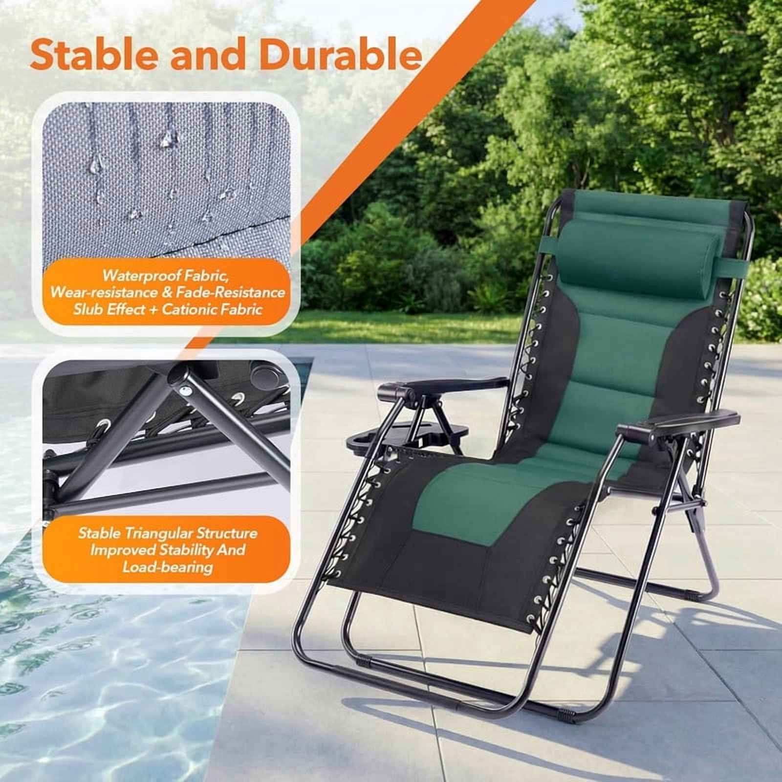 Simenmax Zero Gravity Chairs, 400 lbs Heavy Duty Foldable Patio Recliner with Adjustable Pillow & Cup Holder, Oversized Outdoor Lounge Chair for Backyard Camping Lawn, Black-Green