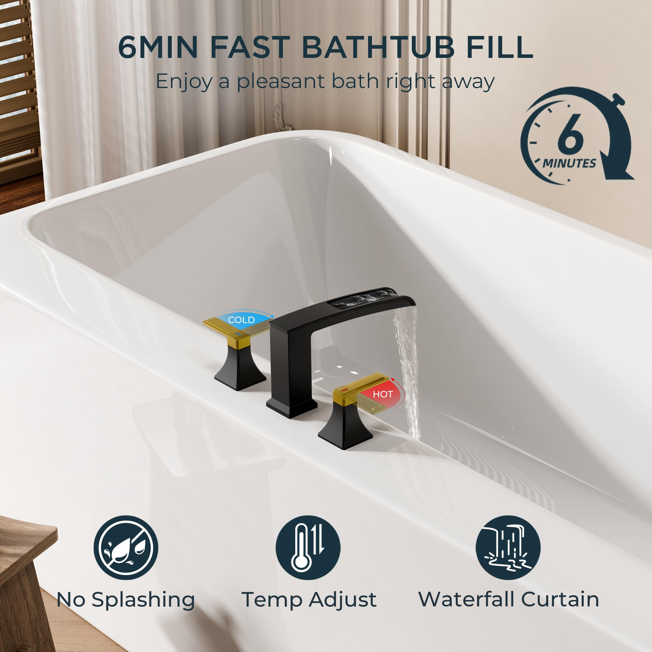 Waterfall Bathtub Faucet Set 3 Hole 2 Handle Deck Mount Roman Tub Widespread Black and Gold