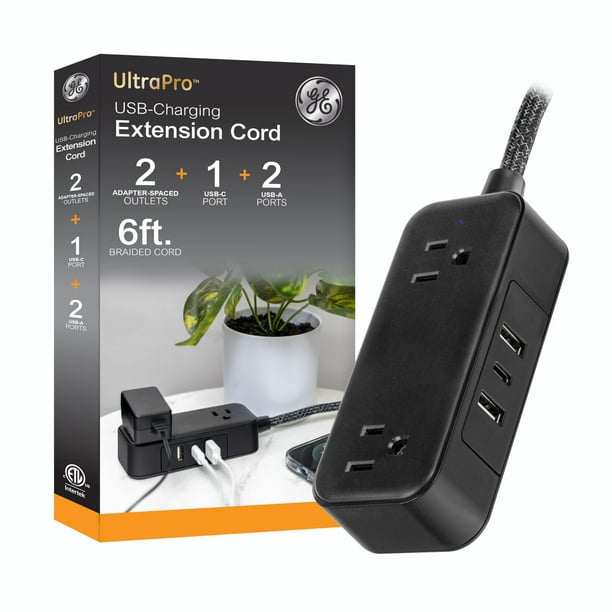 Cable de extensión Power Strip GE 82586 con 2 salidas y 3 puertos USB