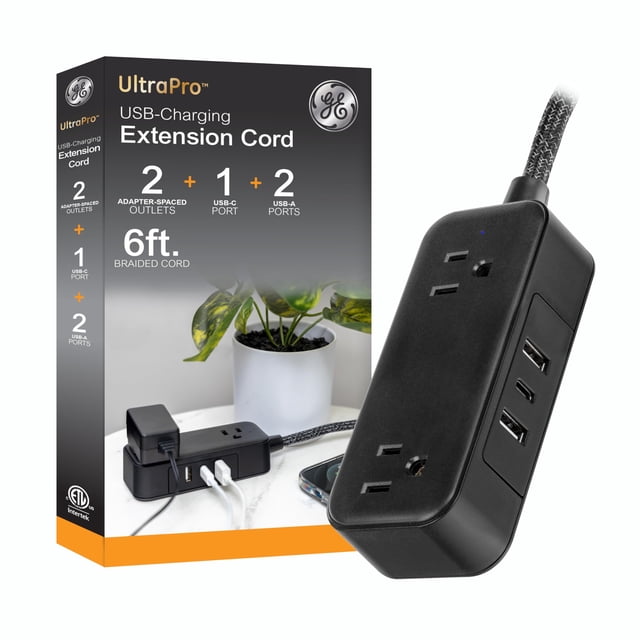 Cable de extensión Power Strip GE 82586 con 2 salidas y 3 puertos USB