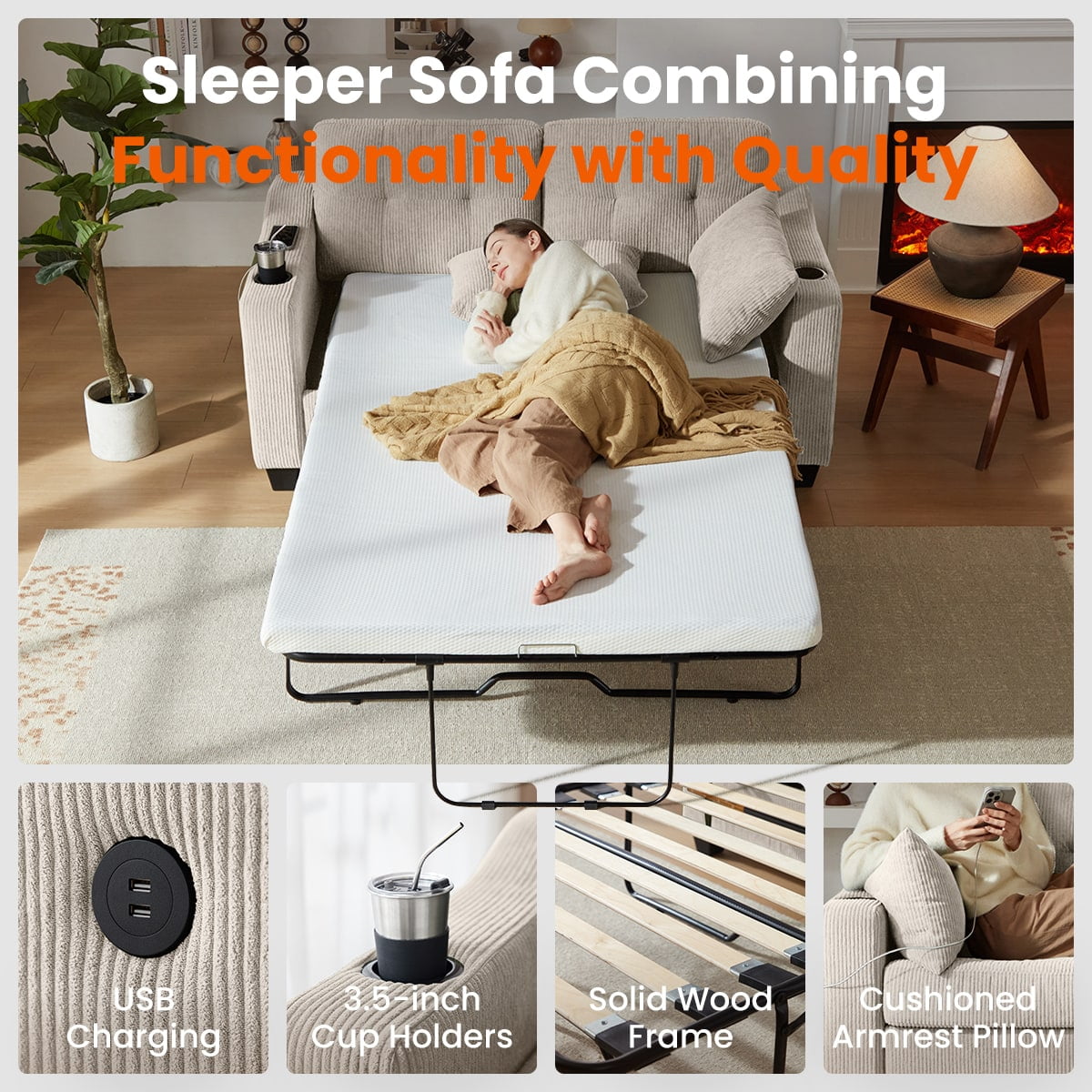 CHIC HOUSE Pull Out Sofa Bed Couch Full Size with Mattress USB, Convertible Sleeper Sofa Loveseat for Small Spaces RV, Corduroy Pull Out Couch Bed for Living Room with Cup Holders LED Lights, Beige