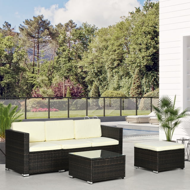 3 Pieces Outdoor Patio Furniture Set, All-Weather PE Rattan Sectional Conversation Sofa Set with Coffee Table, Beige